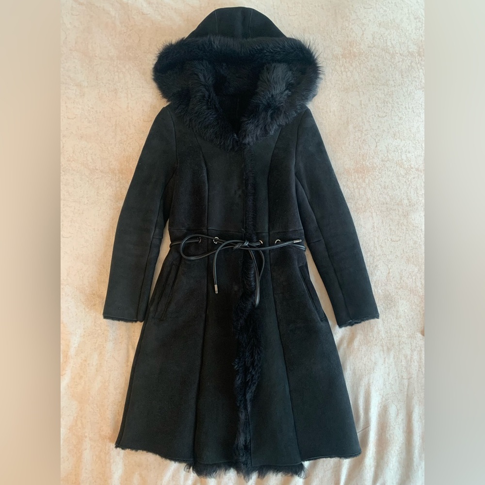 Woman’s Black Shearling Suede Coat Jacket XXS